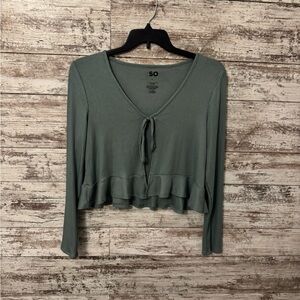 SO Women's Green Ribbed Tie-Front Blouse
